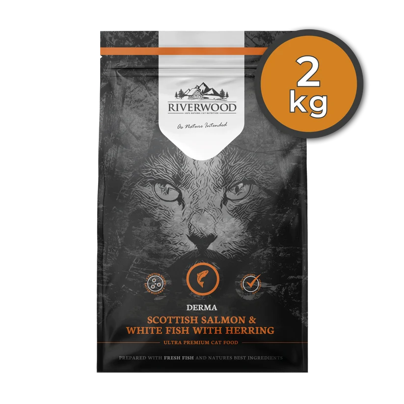 Riverwood Sucha karma dla kotów na skórę i sierść (Derma) - Łosoś, Biała ryba i Śledź (2kg)